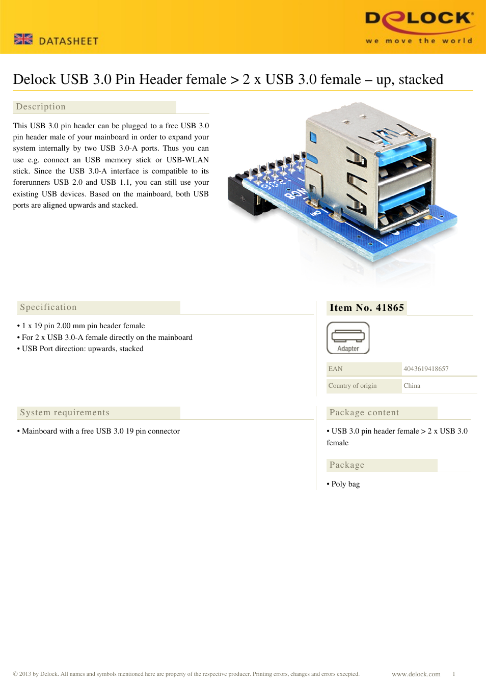 DeLOCK 41865 User Manual | 1 page