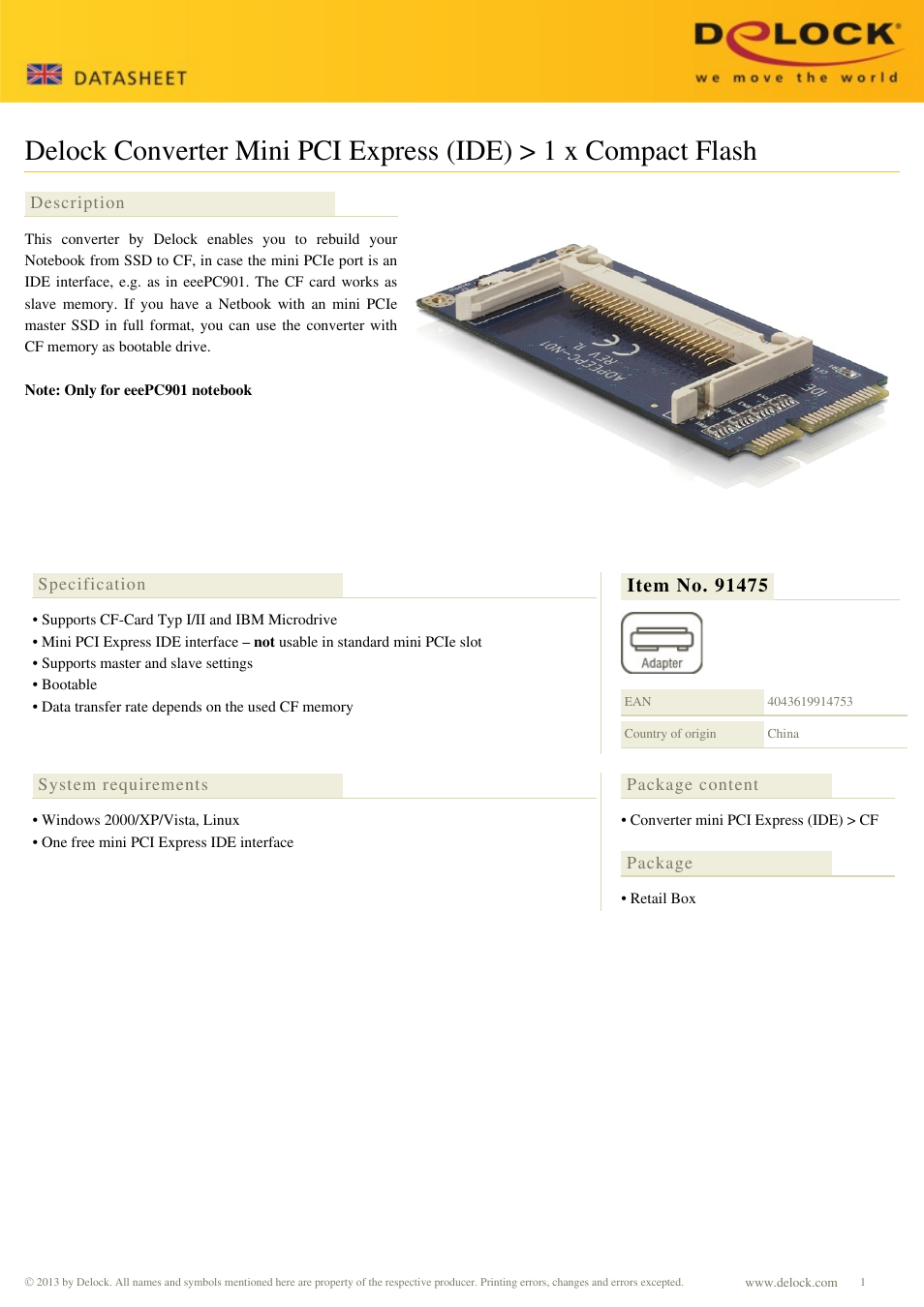 DeLOCK 91475 User Manual | 1 page