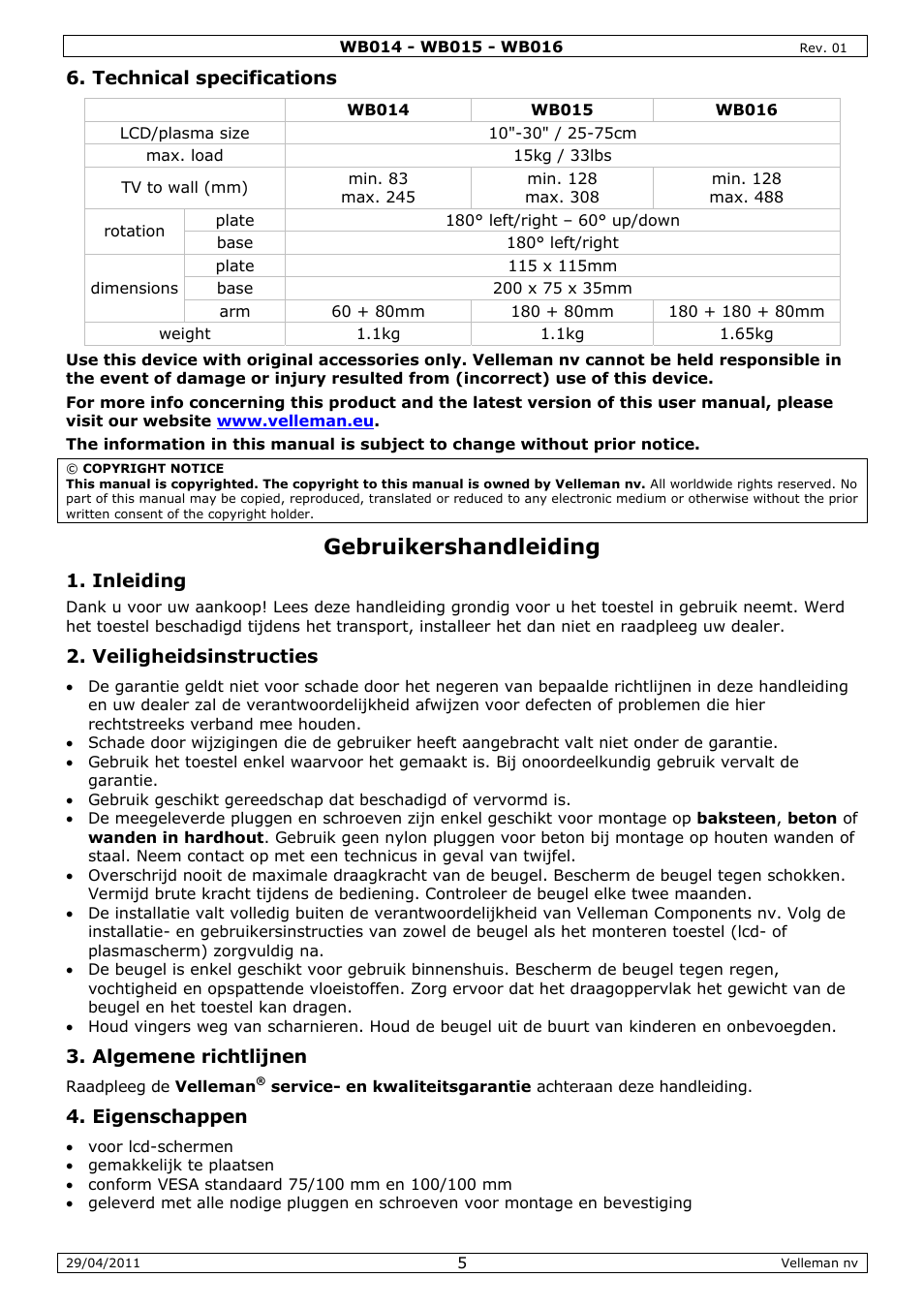 Gebruikershandleiding | Velleman WB014 User Manual | Page 5 / 15