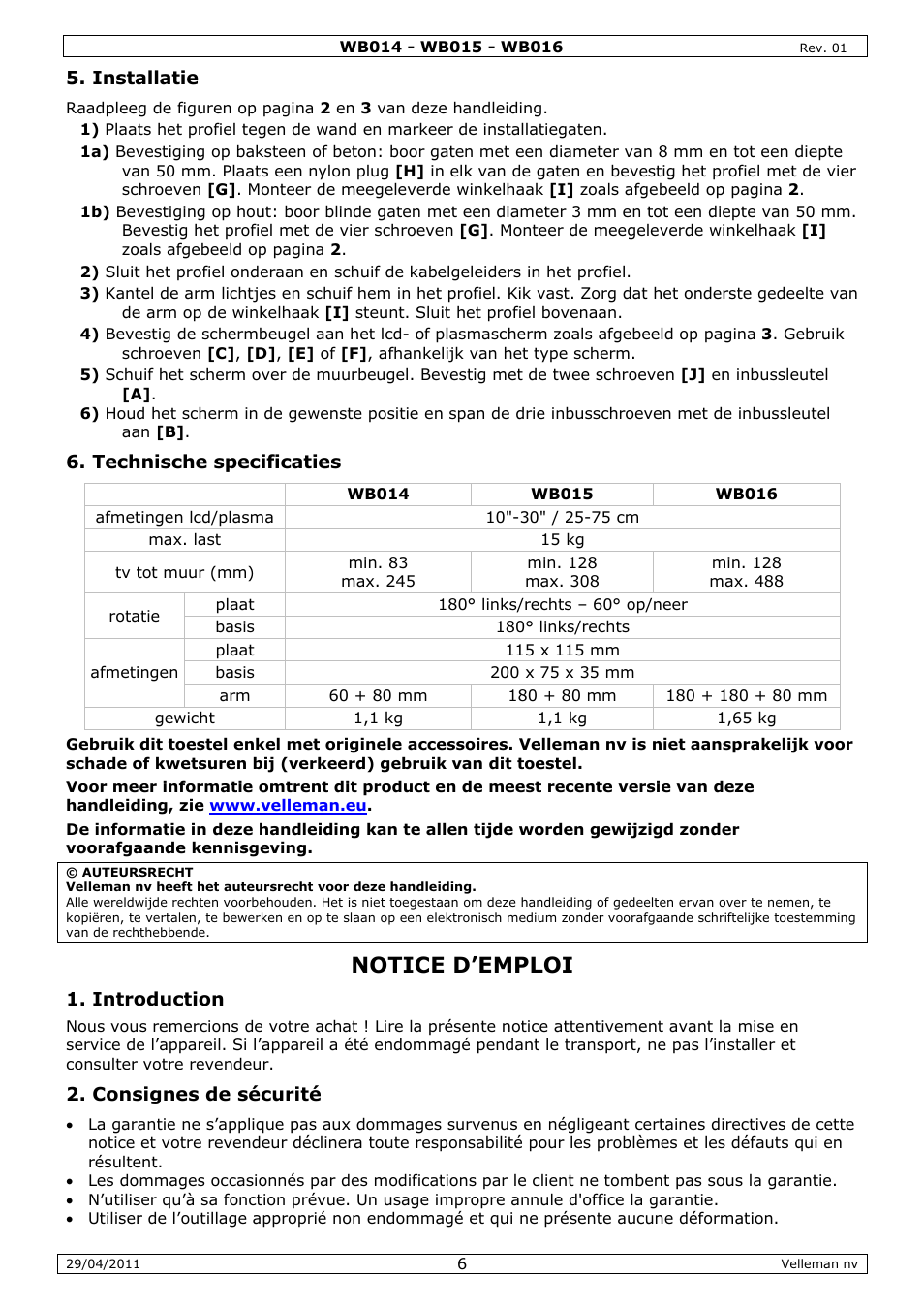 Notice d'emploi, Notice d’emploi | Velleman WB014 User Manual | Page 6 / 15