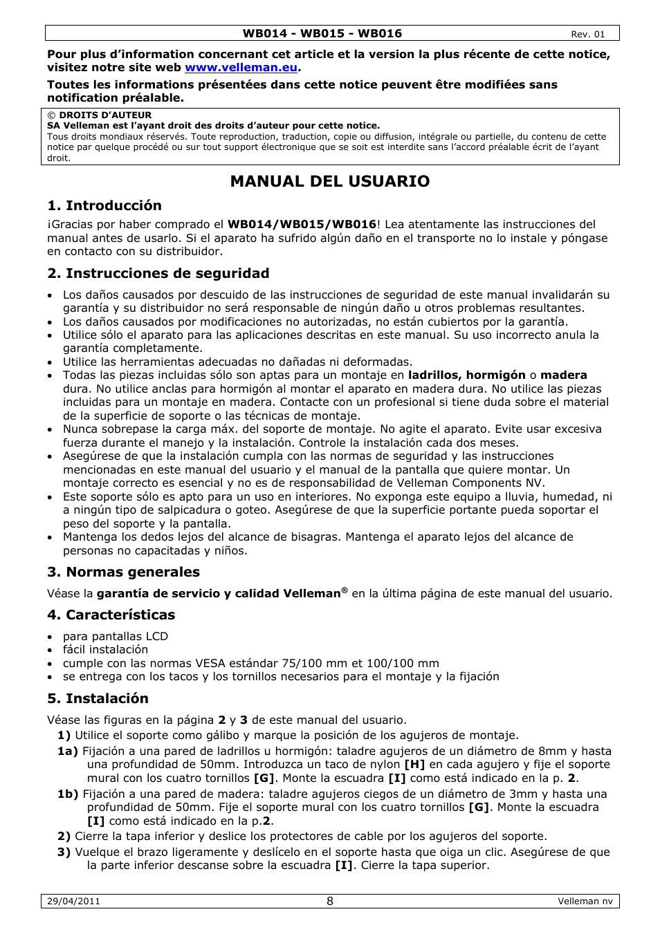 Manual del usuario | Velleman WB014 User Manual | Page 8 / 15