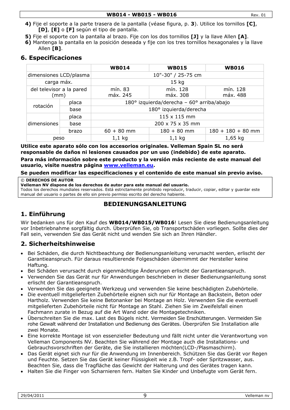 Bedienungsanleitung | Velleman WB014 User Manual | Page 9 / 15