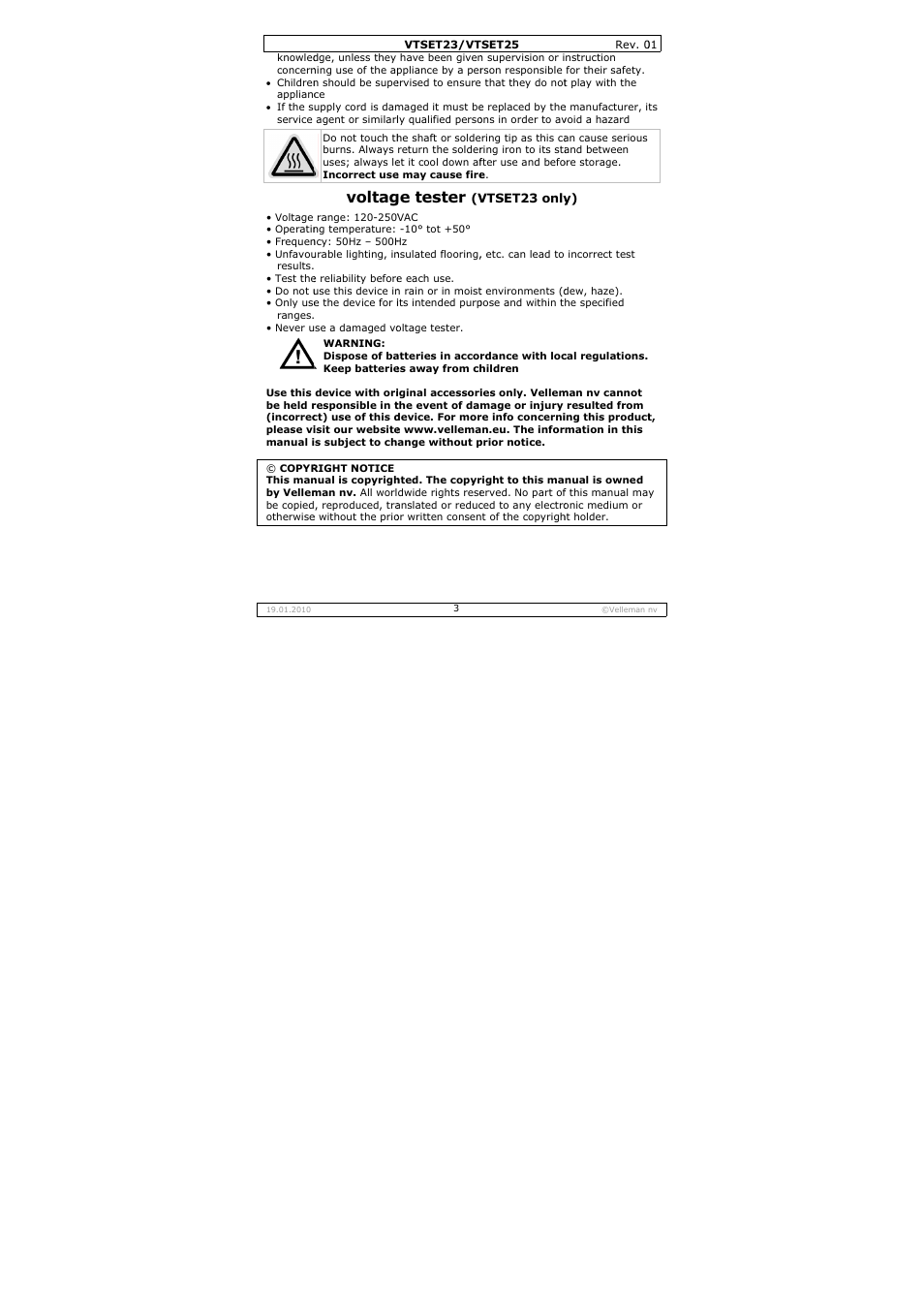 Voltag, Ge tester | Velleman VTSET23 User Manual | Page 3 / 15