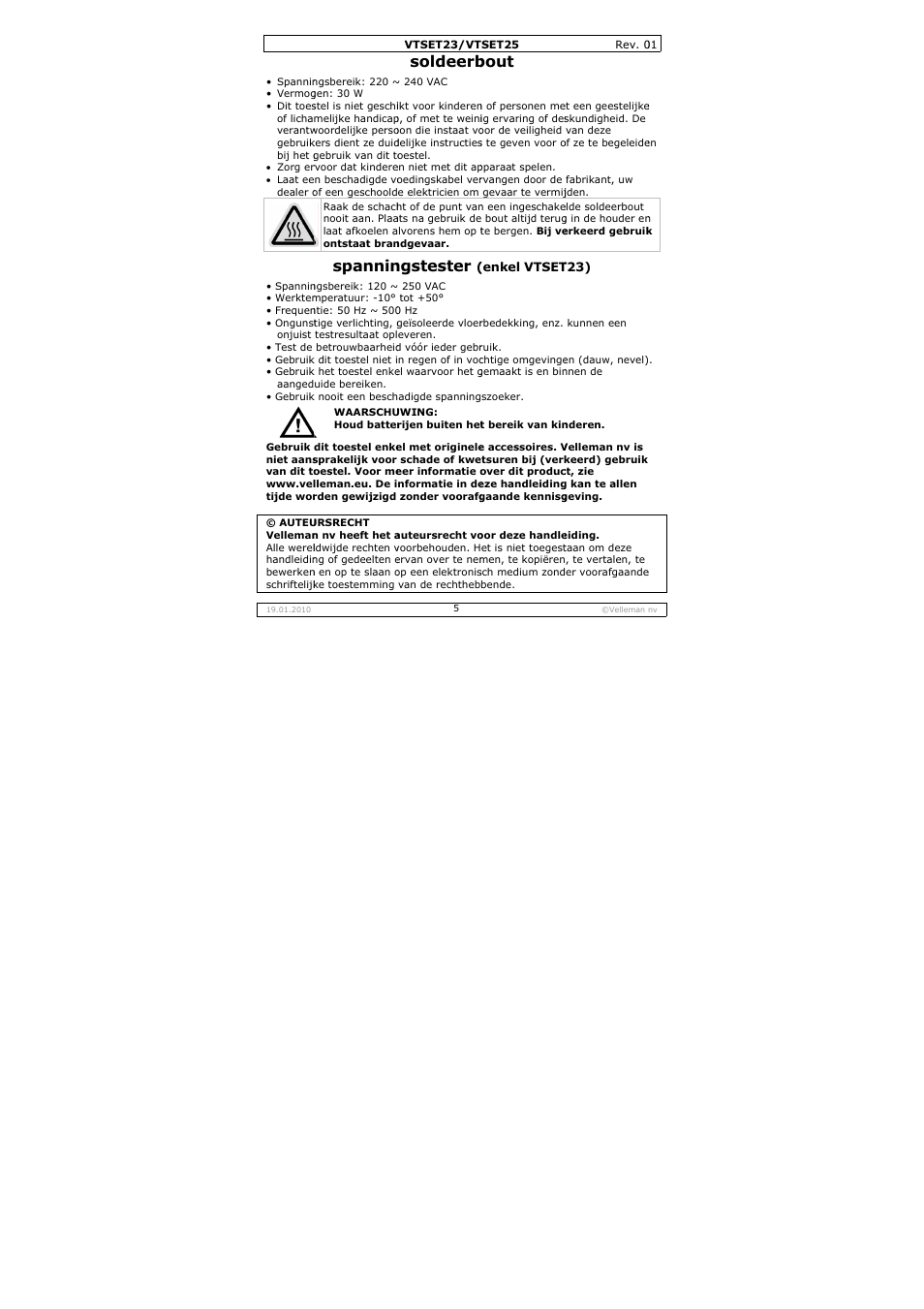Spannin, Soldeerb, Ngstester | Bout | Velleman VTSET23 User Manual | Page 5 / 15