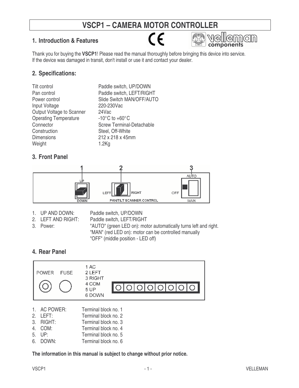 Velleman VSCP1 User Manual | 5 pages