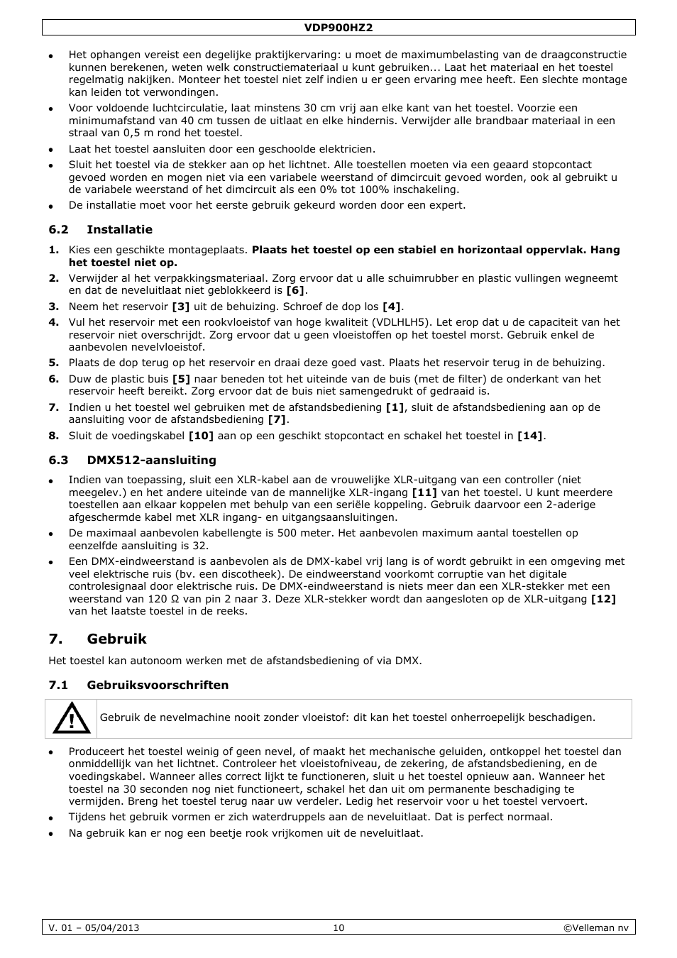 2 installatie, 3 dmx512-aansluiting, Gebruik | 1 gebruiksvoorschriften | Velleman VDP900HZ2 User Manual | Page 10 / 28