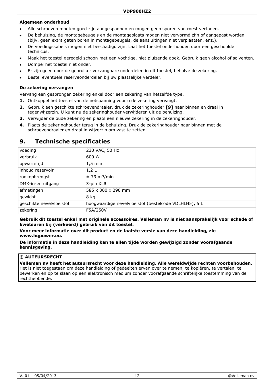 Algemeen onderhoud, De zekering vervangen, Technische specificaties | Velleman VDP900HZ2 User Manual | Page 12 / 28