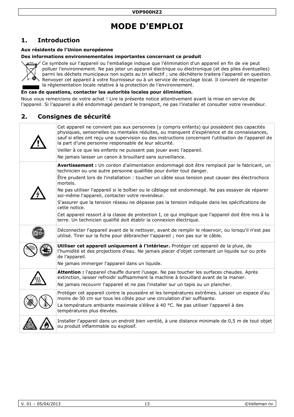 Mode d'emploi, Introduction, Consignes de sécurité | Velleman VDP900HZ2 User Manual | Page 13 / 28