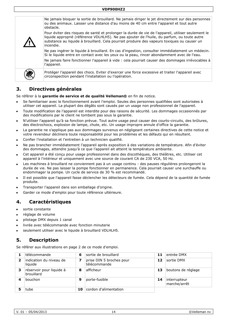 Directives générales, Caractéristiques, Description | Velleman VDP900HZ2 User Manual | Page 14 / 28