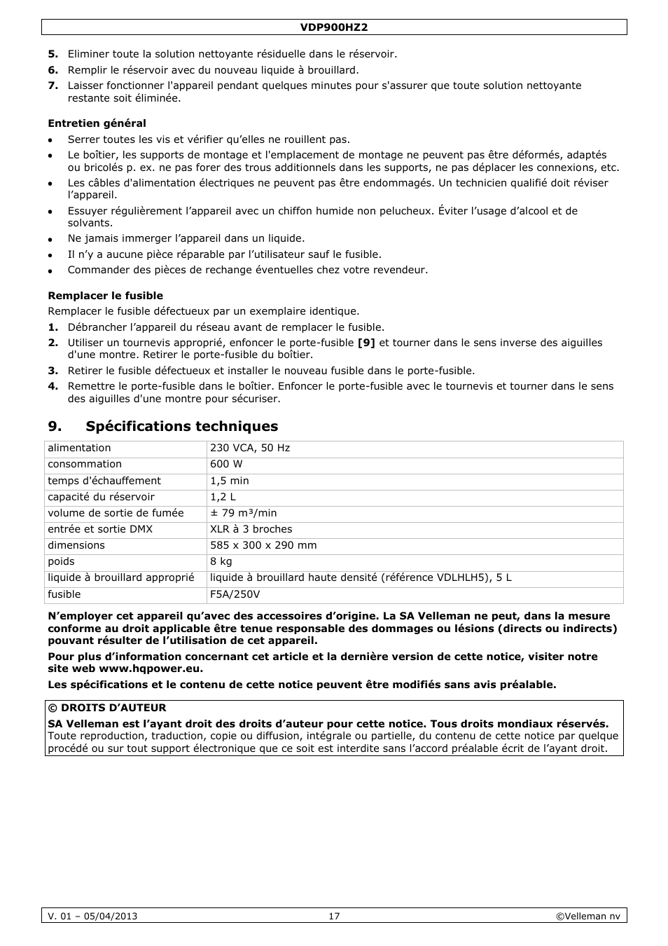Entretien général, Remplacer le fusible, Spécifications techniques | Velleman VDP900HZ2 User Manual | Page 17 / 28