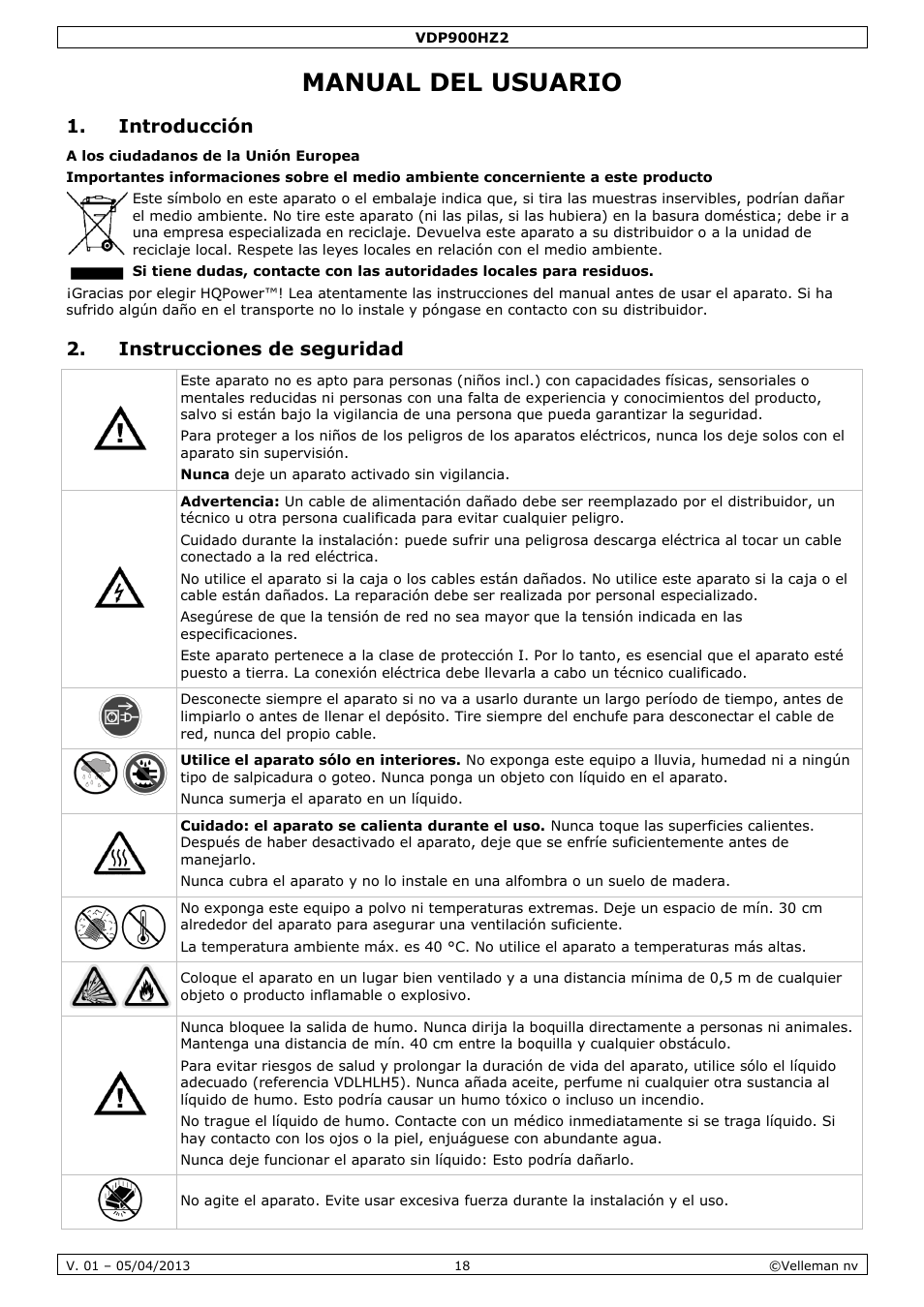 Manual del usuario, Introducción, Instrucciones de seguridad | Velleman VDP900HZ2 User Manual | Page 18 / 28