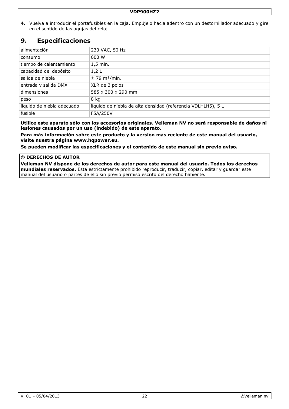Especificaciones | Velleman VDP900HZ2 User Manual | Page 22 / 28