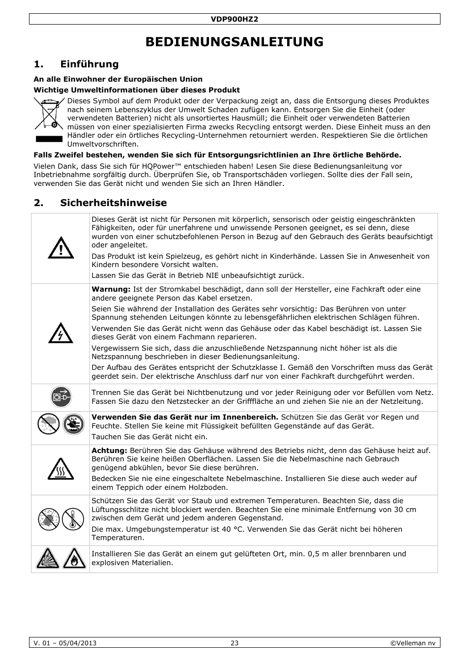 Bedienungsanleitung, Einführung, Sicherheitshinweise | Velleman VDP900HZ2 User Manual | Page 23 / 28