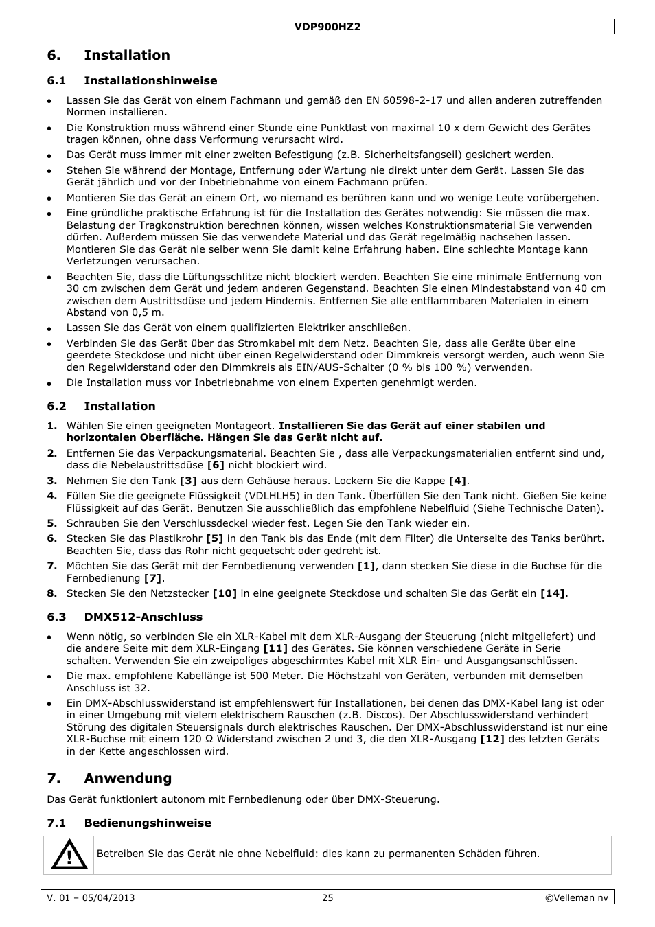 Installation, 1 installationshinweise, 2 installation | 3 dmx512-anschluss, Anwendung, 1 bedienungshinweise | Velleman VDP900HZ2 User Manual | Page 25 / 28