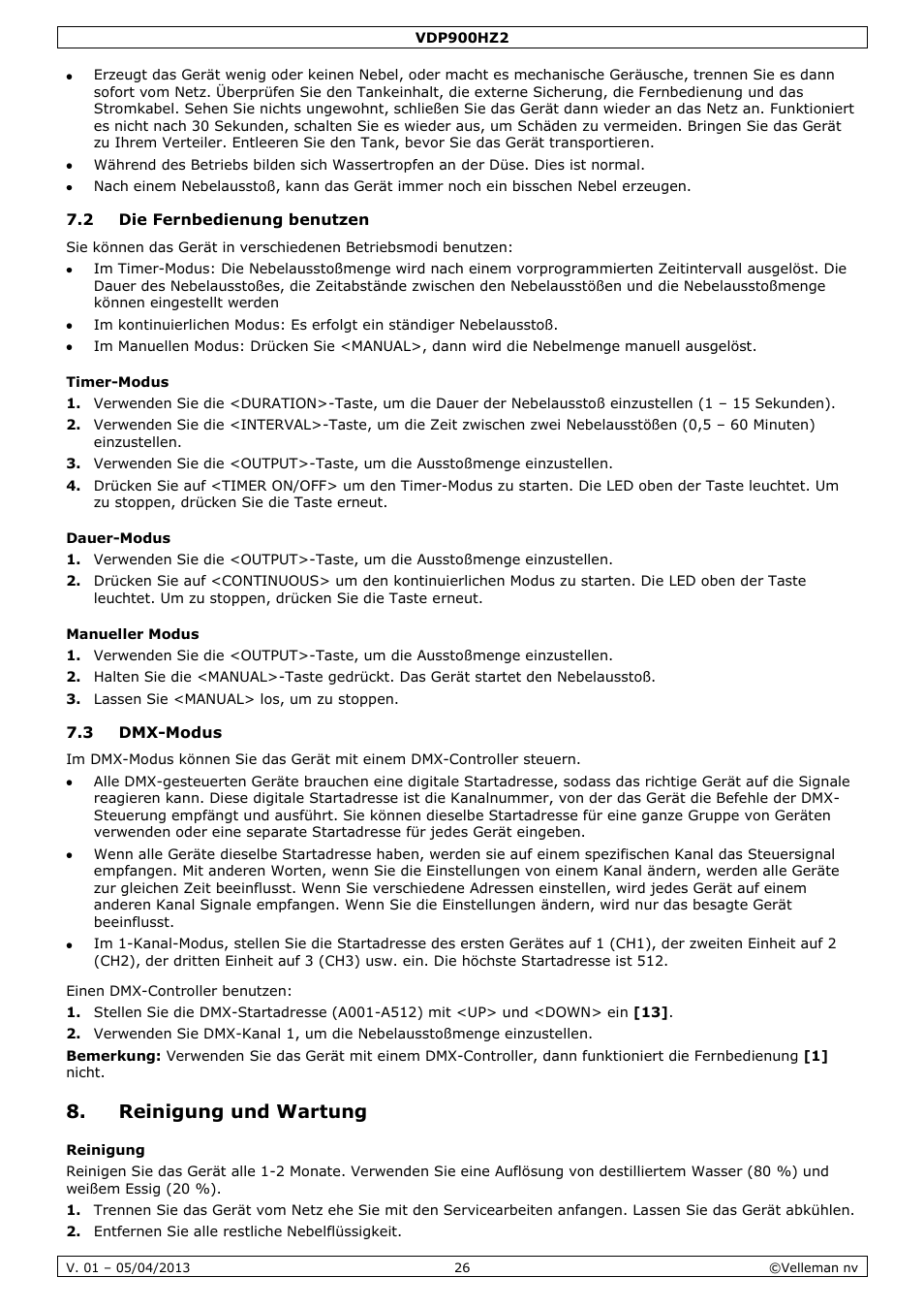 2 die fernbedienung benutzen, Timer-modus, Dauer-modus | Manueller modus, 3 dmx-modus, Reinigung und wartung, Reinigung | Velleman VDP900HZ2 User Manual | Page 26 / 28