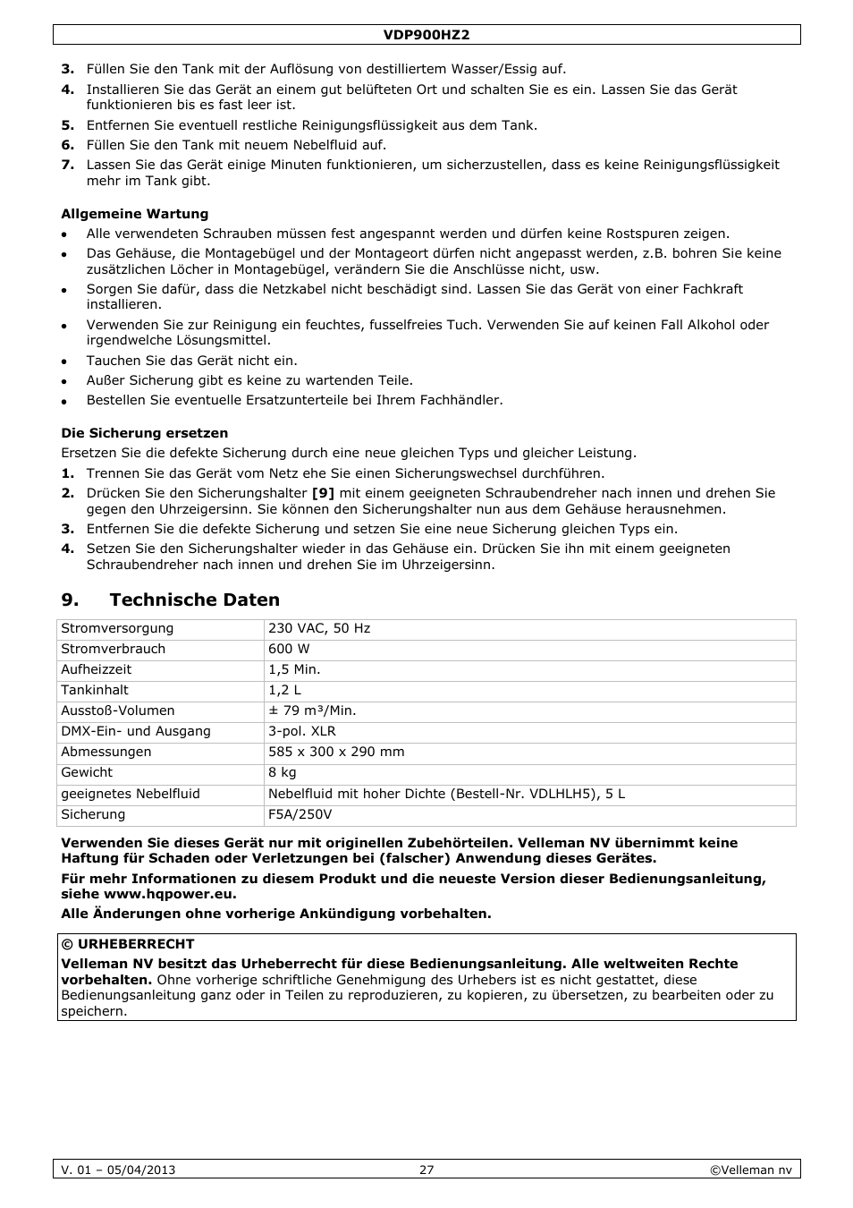 Allgemeine wartung, Die sicherung ersetzen, Technische daten | Velleman VDP900HZ2 User Manual | Page 27 / 28