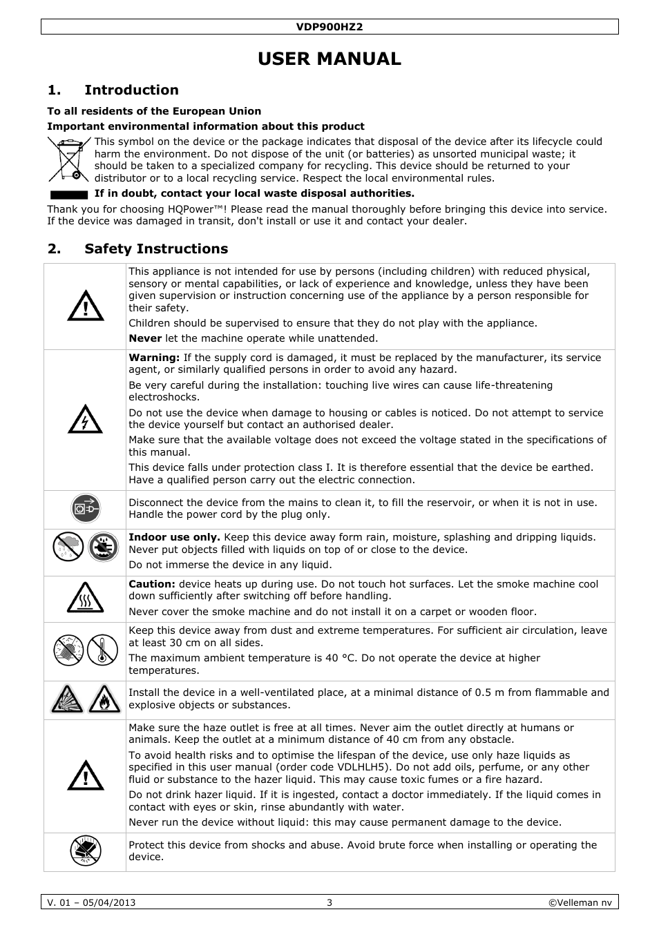 User manual, Introduction, Safety instructions | Velleman VDP900HZ2 User Manual | Page 3 / 28