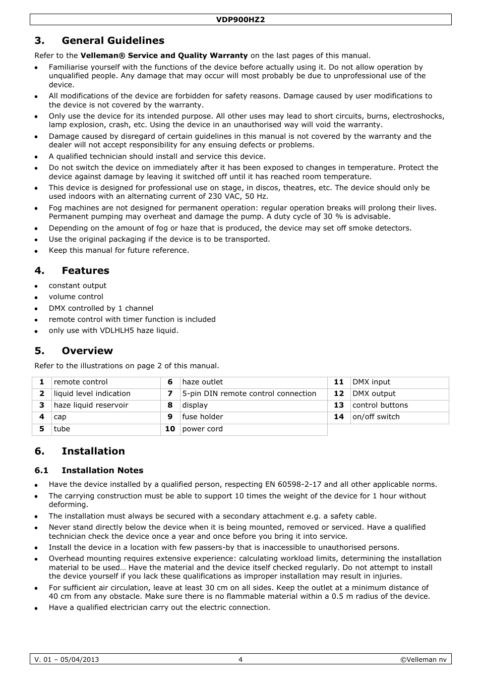General guidelines, Features, Overview | Installation, 1 installation notes | Velleman VDP900HZ2 User Manual | Page 4 / 28
