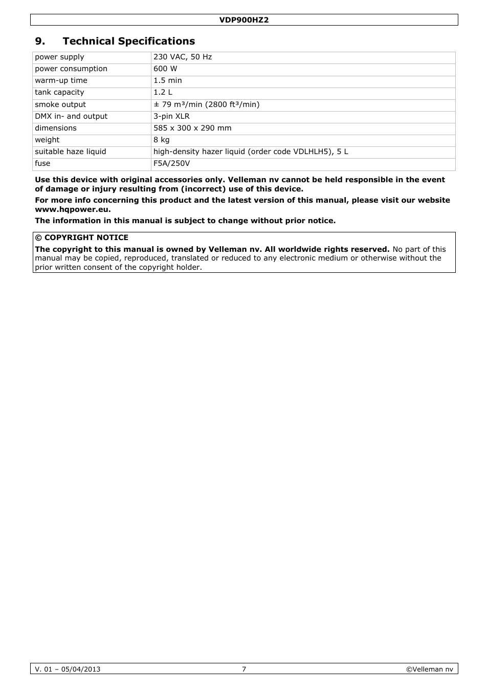 Technical specifications | Velleman VDP900HZ2 User Manual | Page 7 / 28