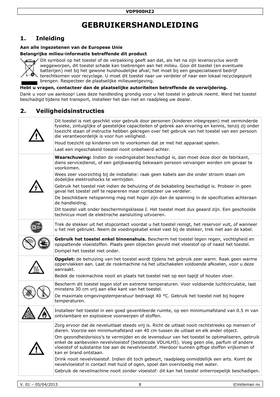 Gebruikershandleiding, Inleiding, Veiligheidsinstructies | Velleman VDP900HZ2 User Manual | Page 8 / 28