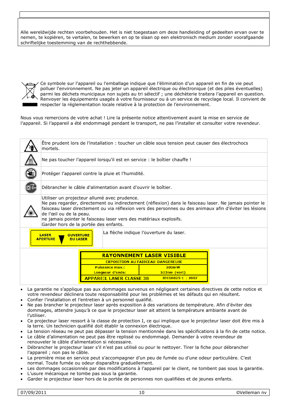 Notice d'emploi, Noti, Ce d’em | Mploi, Introdu, Prescri, Uction, Ptions d, E sécurit | Velleman VDP801GLD10 User Manual | Page 10 / 23