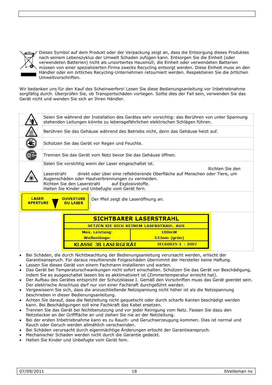Bedienungsanleitung, Bedien, Ungsan | Nleitung, Einführ, Sicherh, Rung, Heitshinw, Weise | Velleman VDP801GLD10 User Manual | Page 18 / 23