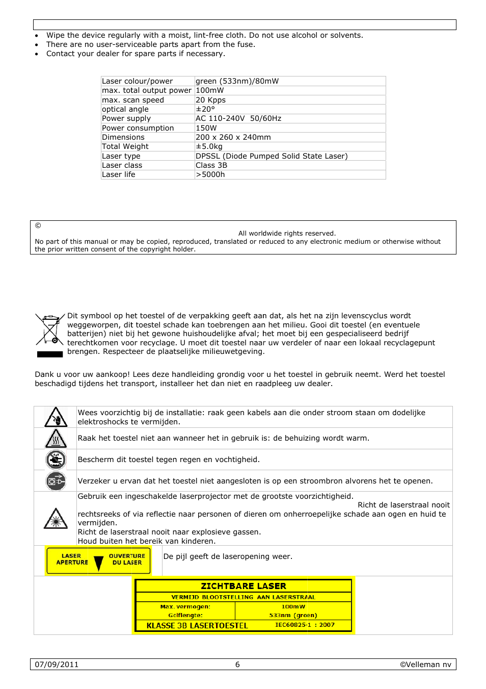 Gebruikershandleiding, Gebruik, Kershan | Ndleidin, Technic, Inleidin, Veilighe, Cal speci, Eidsinstr, Fications | Velleman VDP801GLD10 User Manual | Page 6 / 23
