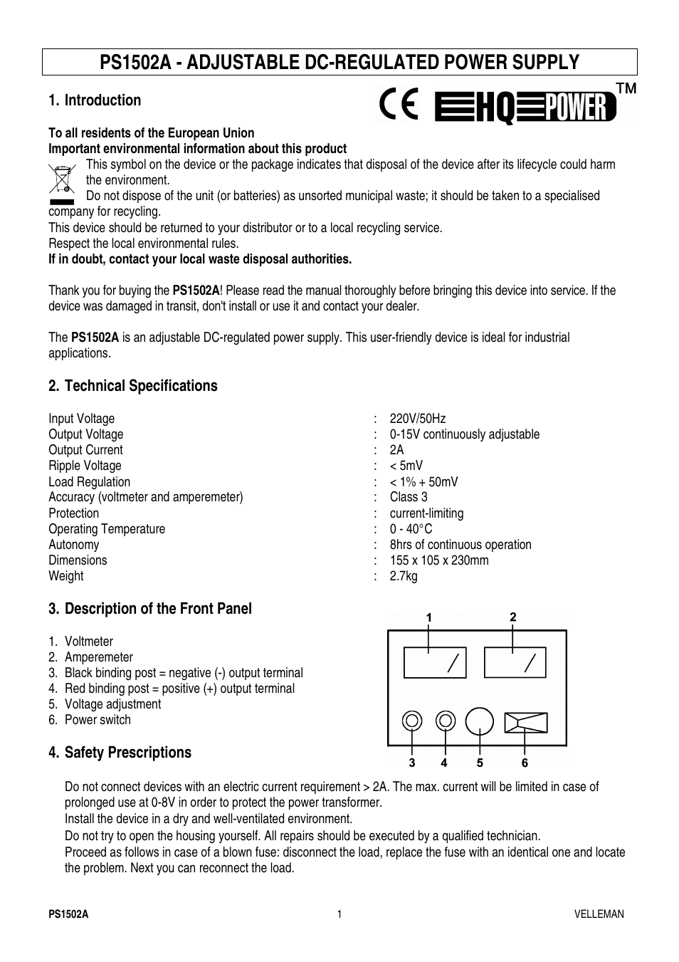 Velleman PS1502A User Manual | 6 pages