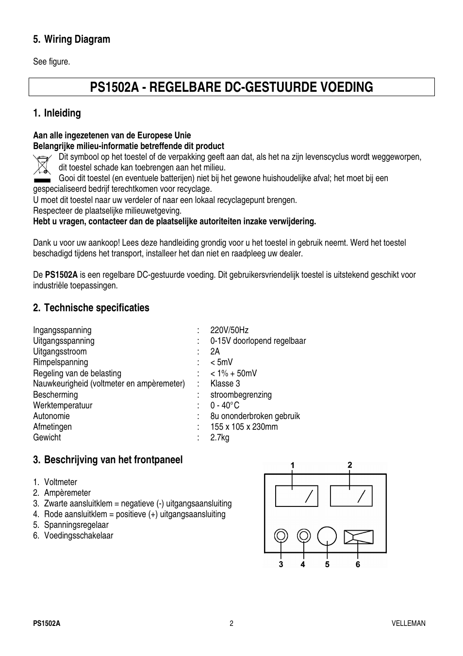 Ps1502a - regelbare dc-gestuurde voeding | Velleman PS1502A User Manual | Page 2 / 6