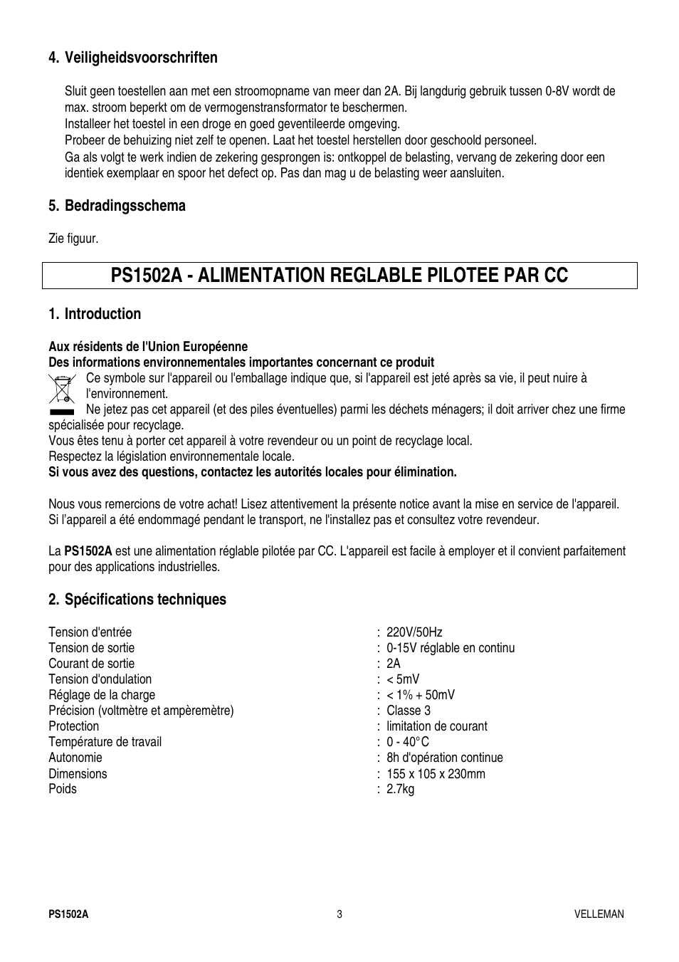 Ps1502a - alimentation reglable pilotee par cc | Velleman PS1502A User Manual | Page 3 / 6
