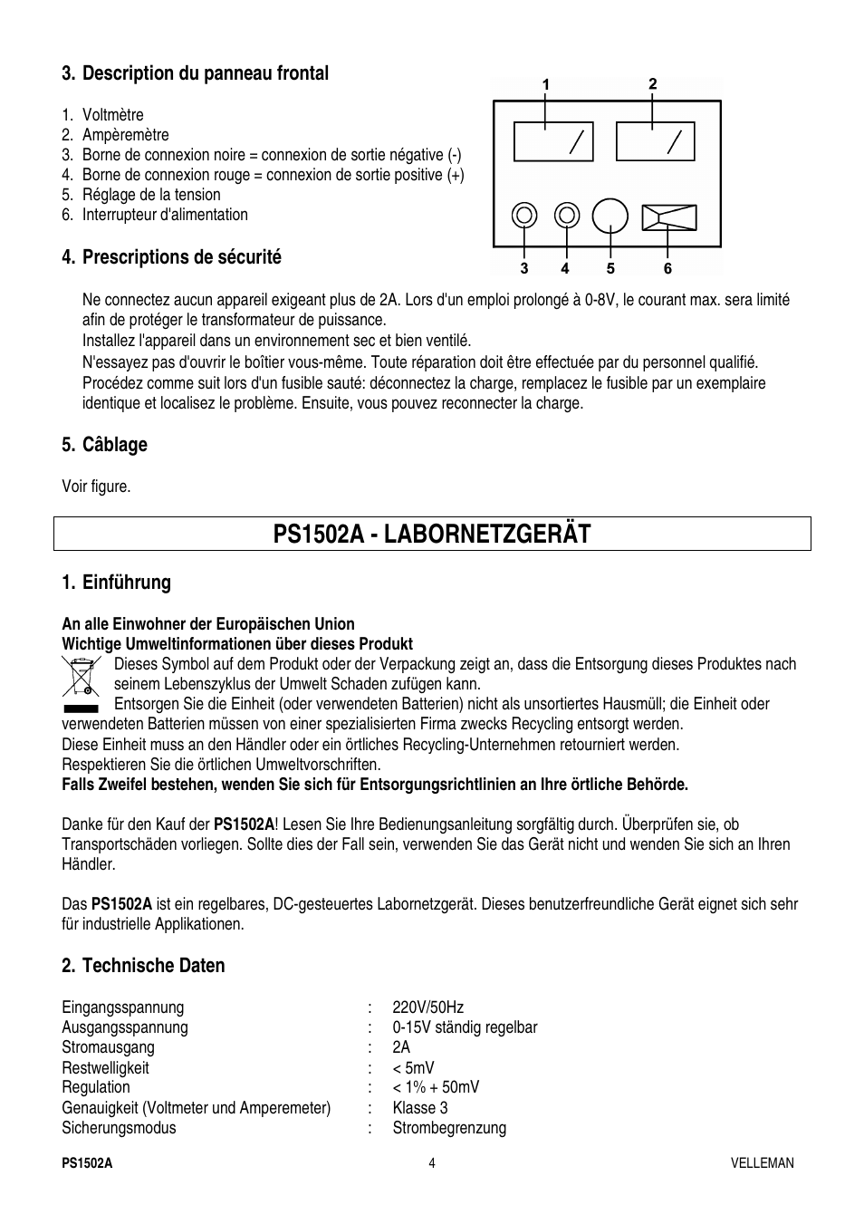 Ps1502a - labornetzgerät | Velleman PS1502A User Manual | Page 4 / 6