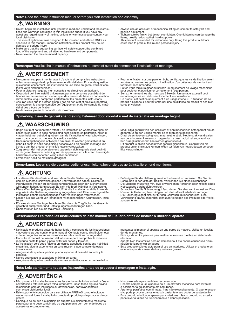 Warning, Avertissement, Waarschuwing | Advertencia, Achtung, Advertência | Velleman WB005 User Manual | Page 2 / 8