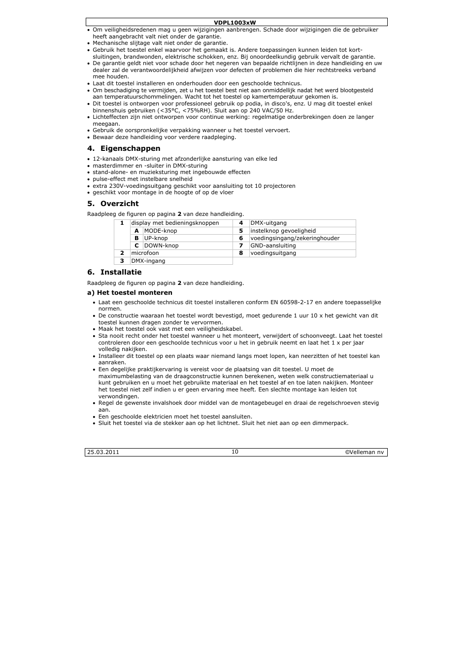 Velleman VDPL1003CW User Manual | Page 10 / 34