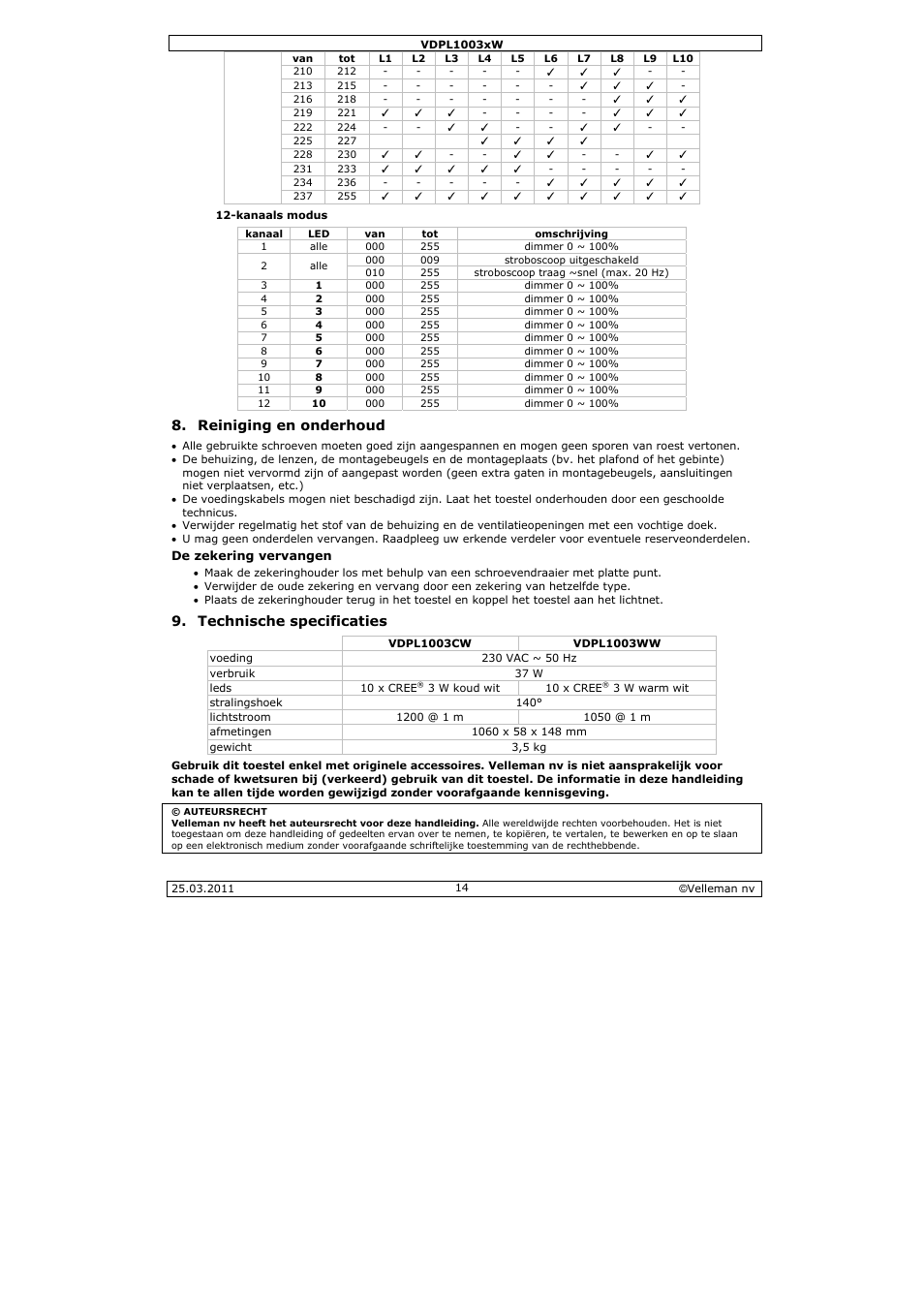 Reiniging en onderhoud, Technische specificaties | Velleman VDPL1003CW User Manual | Page 14 / 34