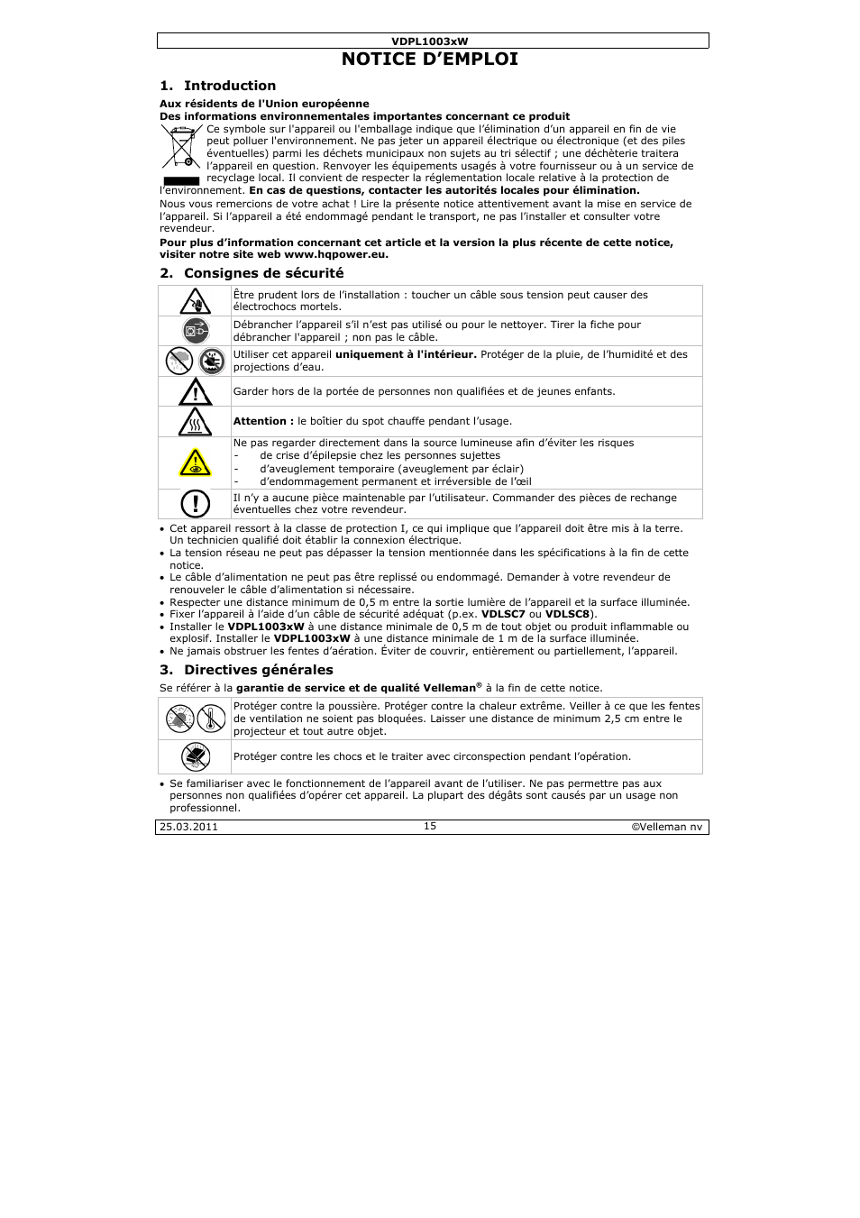 Otice d, Emploi | Velleman VDPL1003CW User Manual | Page 15 / 34