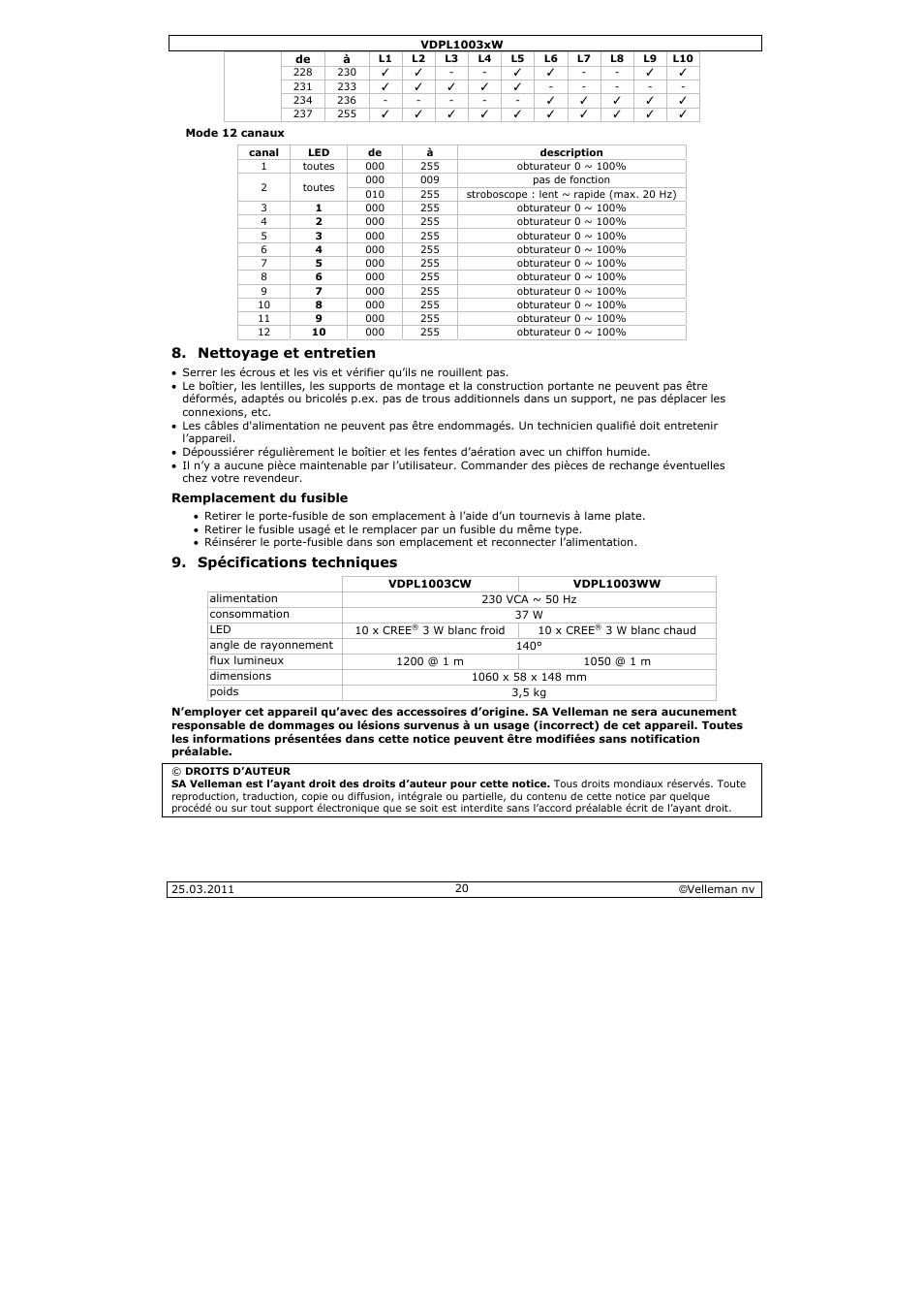 Nettoyage et entretien, Spécifications techniques | Velleman VDPL1003CW User Manual | Page 20 / 34