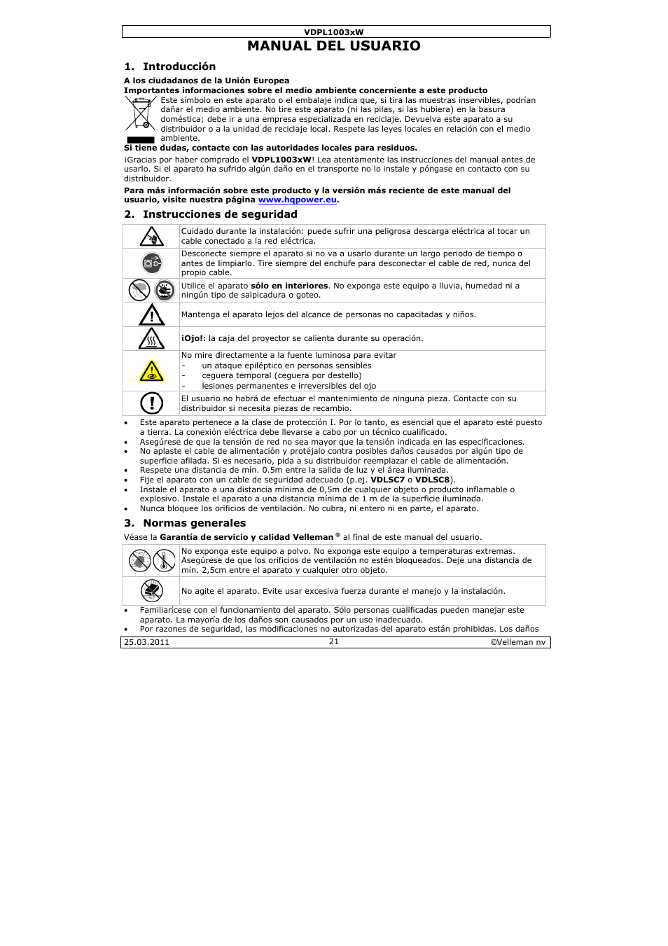 Nual del, L usuar | Velleman VDPL1003CW User Manual | Page 21 / 34