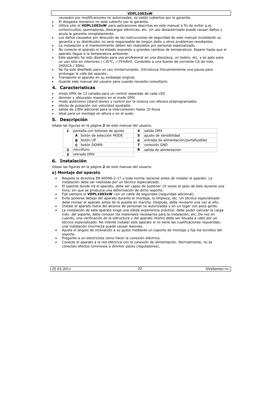 Velleman VDPL1003CW User Manual | Page 22 / 34