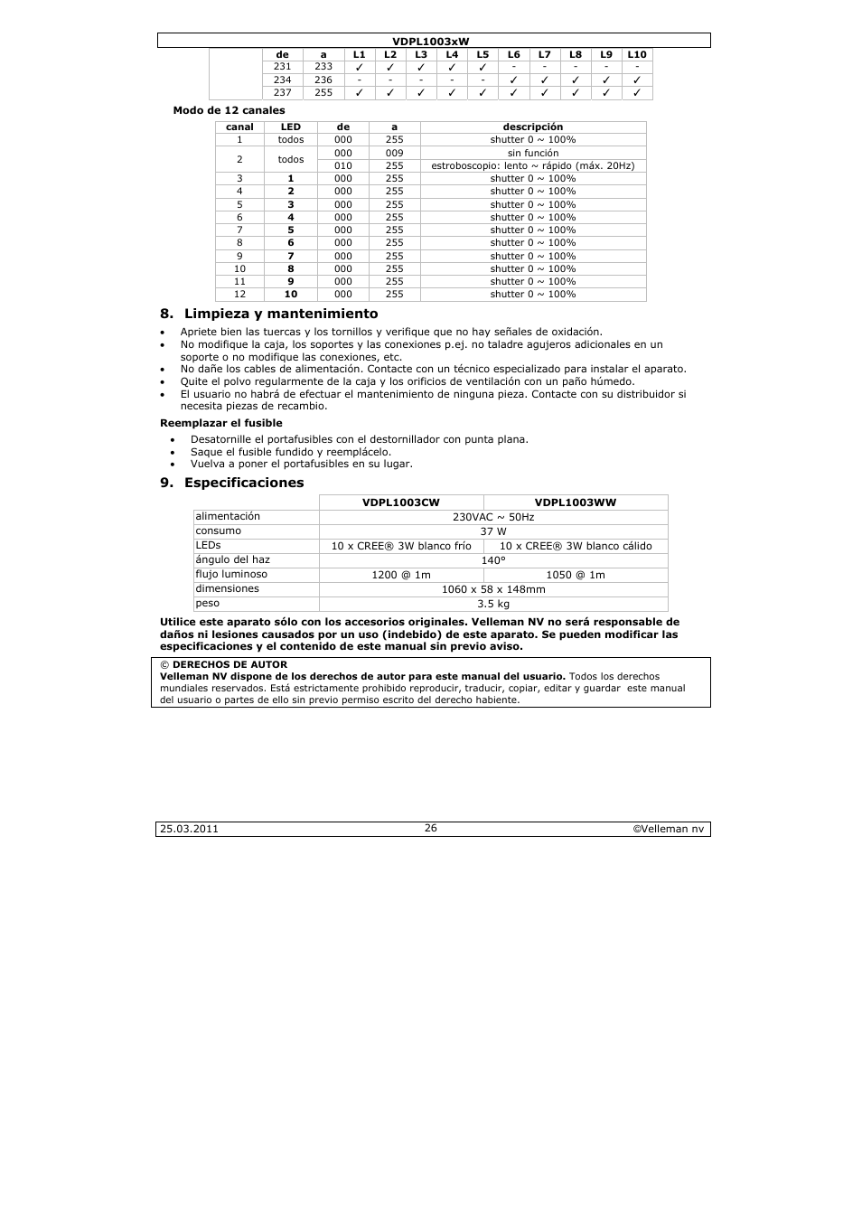 Limpieza y mantenimiento, Especificaciones | Velleman VDPL1003CW User Manual | Page 26 / 34