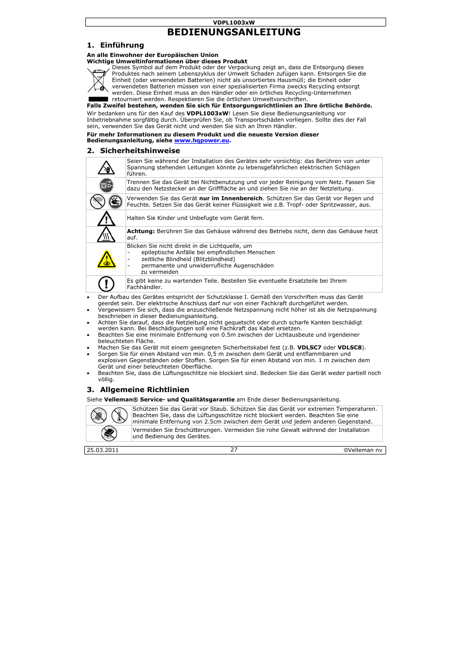 Bedie, Enungs, Anleitu | Velleman VDPL1003CW User Manual | Page 27 / 34