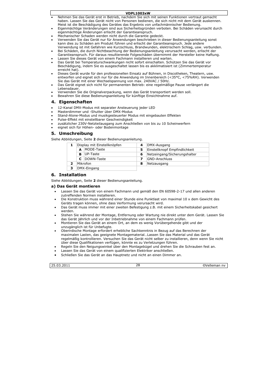 Velleman VDPL1003CW User Manual | Page 28 / 34