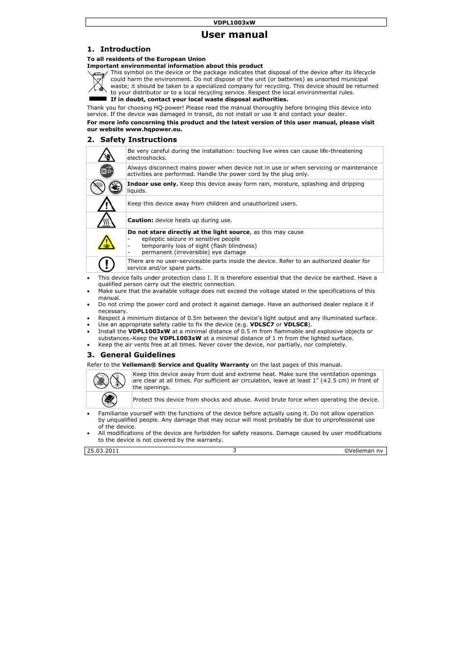 User m, Anual | Velleman VDPL1003CW User Manual | Page 3 / 34