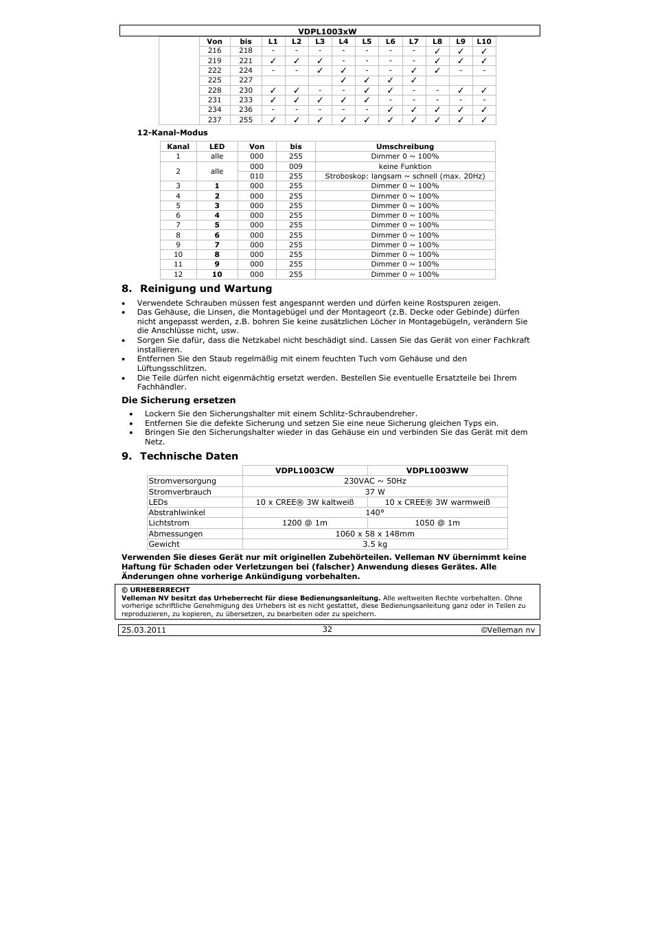 Reinigung und wartung, Technische daten | Velleman VDPL1003CW User Manual | Page 32 / 34