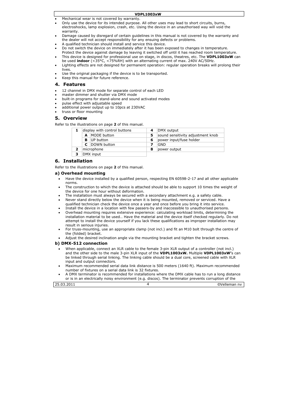 Velleman VDPL1003CW User Manual | Page 4 / 34