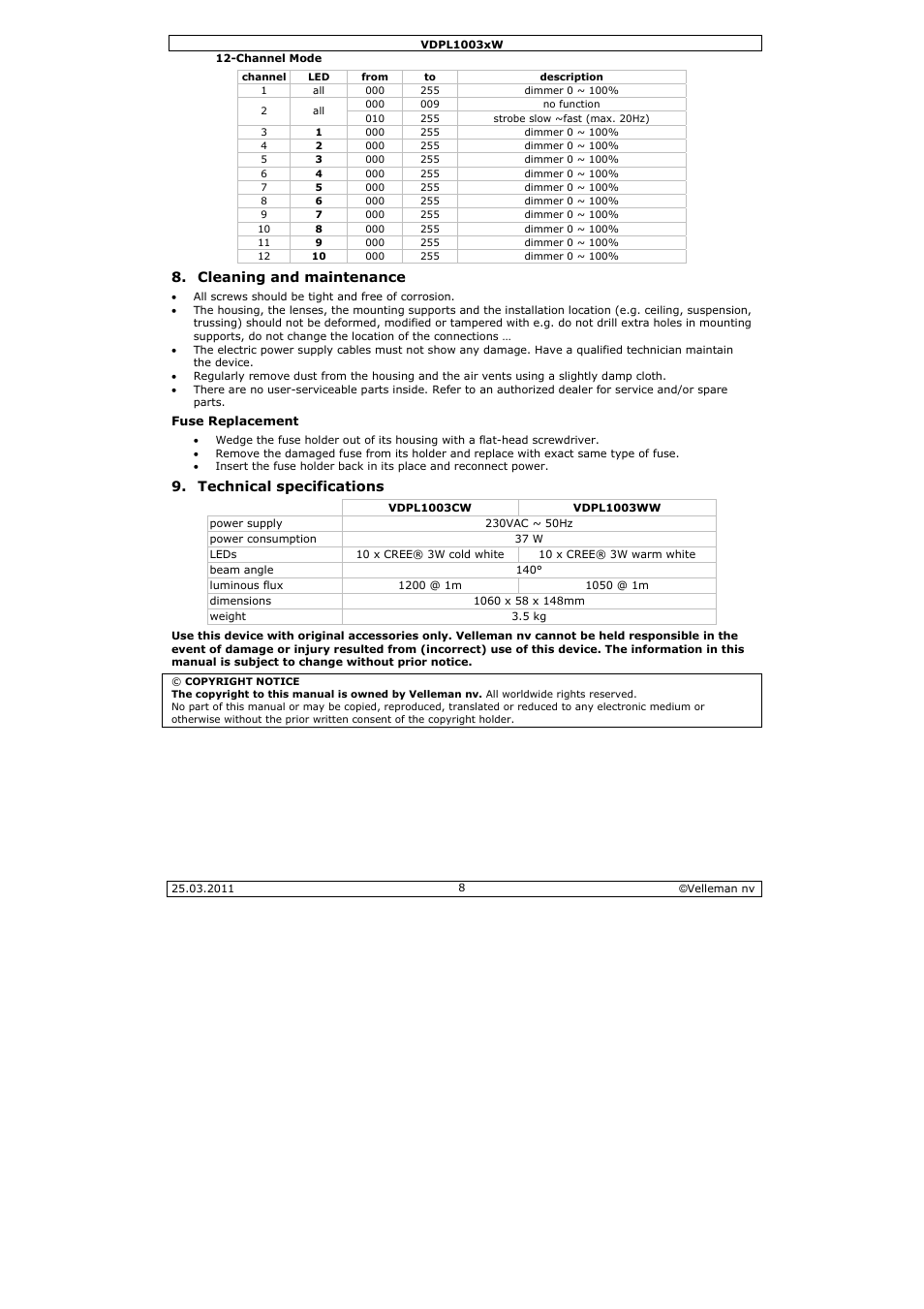 Velleman VDPL1003CW User Manual | Page 8 / 34
