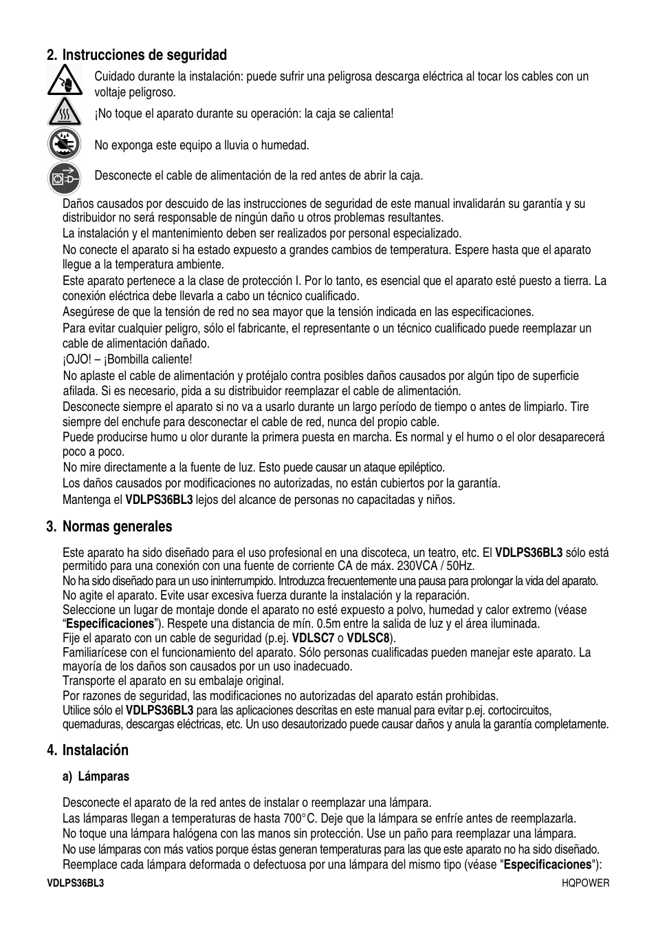 Instrucciones de seguridad, Normas generales, Instalación | Velleman VDLPS36BL3 User Manual | Page 10 / 14
