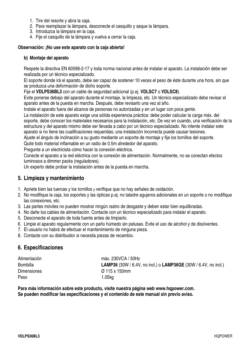 Limpieza y mantenimiento, Especificaciones | Velleman VDLPS36BL3 User Manual | Page 11 / 14