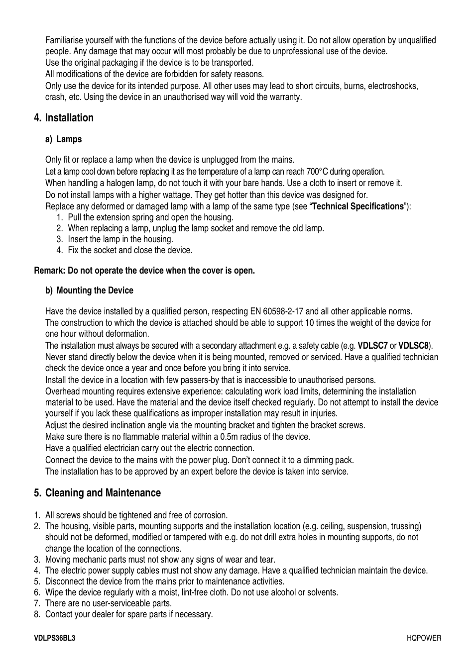 Installation, Cleaning and maintenance | Velleman VDLPS36BL3 User Manual | Page 4 / 14