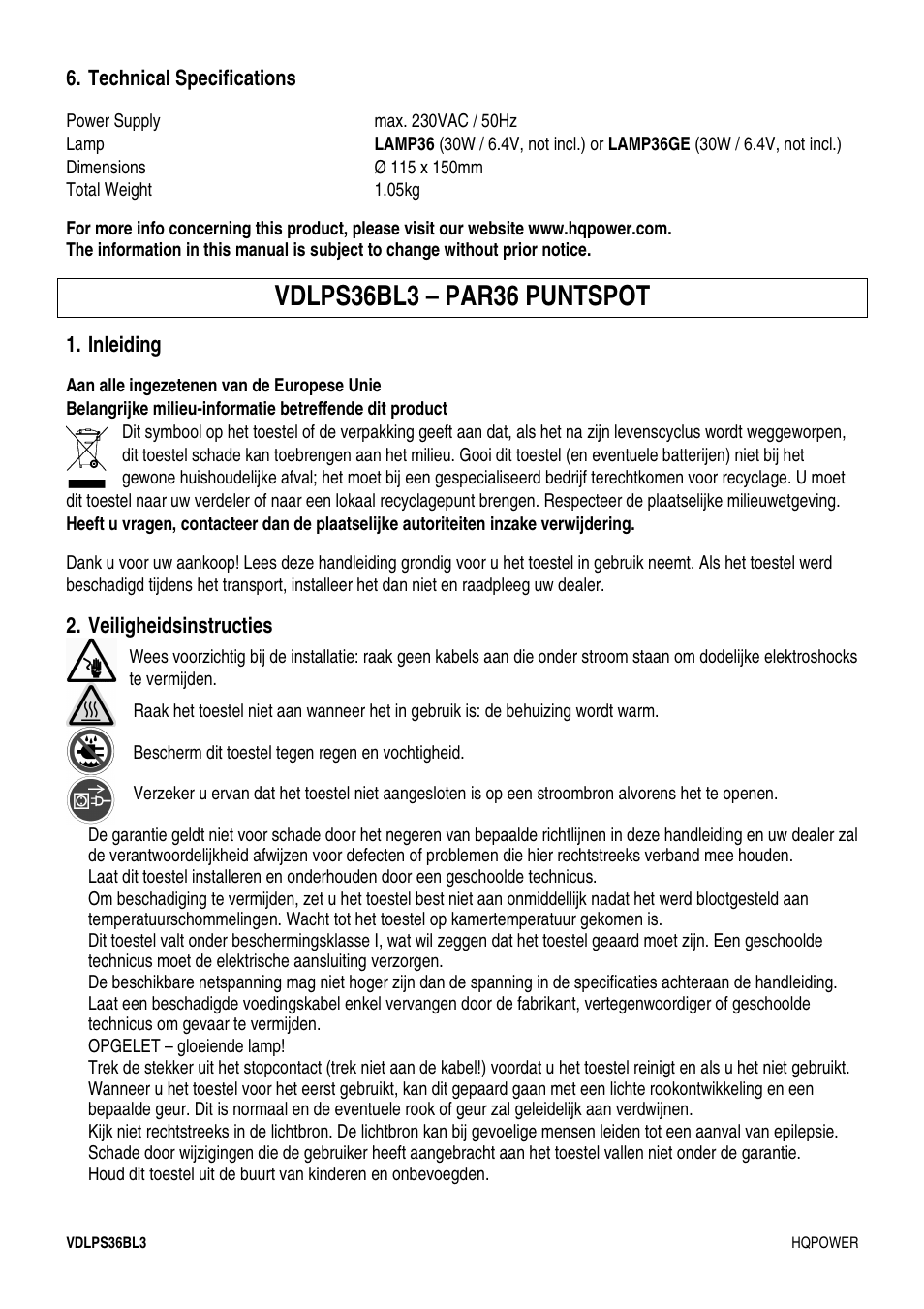 Technical specifications, Inleiding, Veiligheidsinstructies | Velleman VDLPS36BL3 User Manual | Page 5 / 14