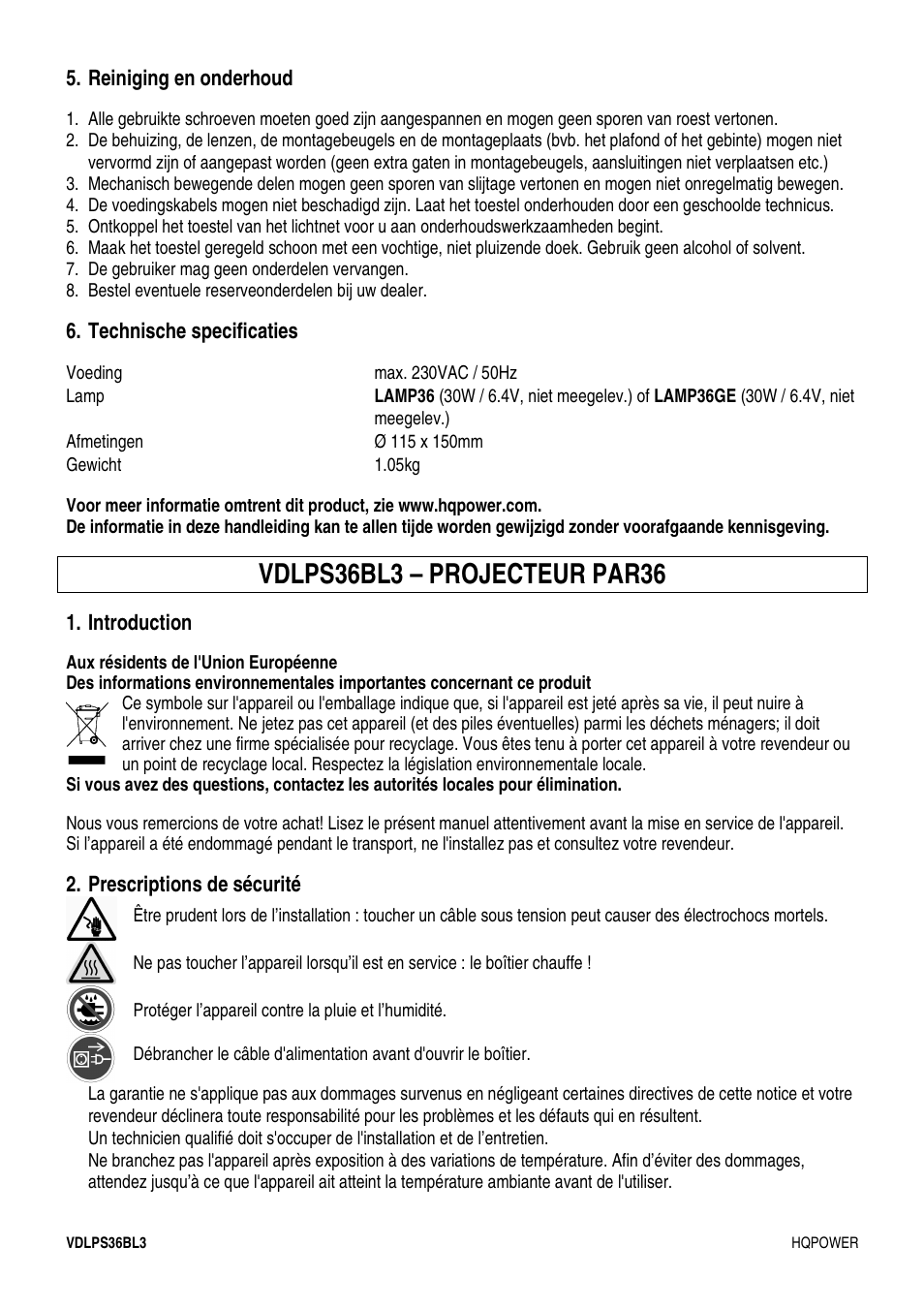 Reiniging en onderhoud, Technische specificaties, Introduction | Prescriptions de sécurité | Velleman VDLPS36BL3 User Manual | Page 7 / 14